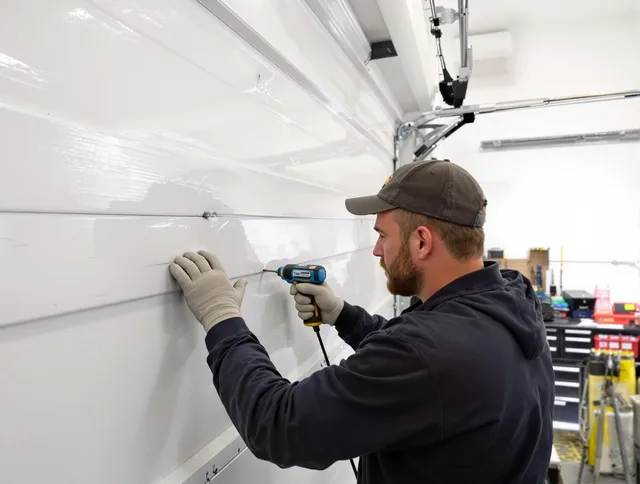 Jerome Garage Door Repair technician demonstrating precision dent removal techniques on a Jerome garage door
